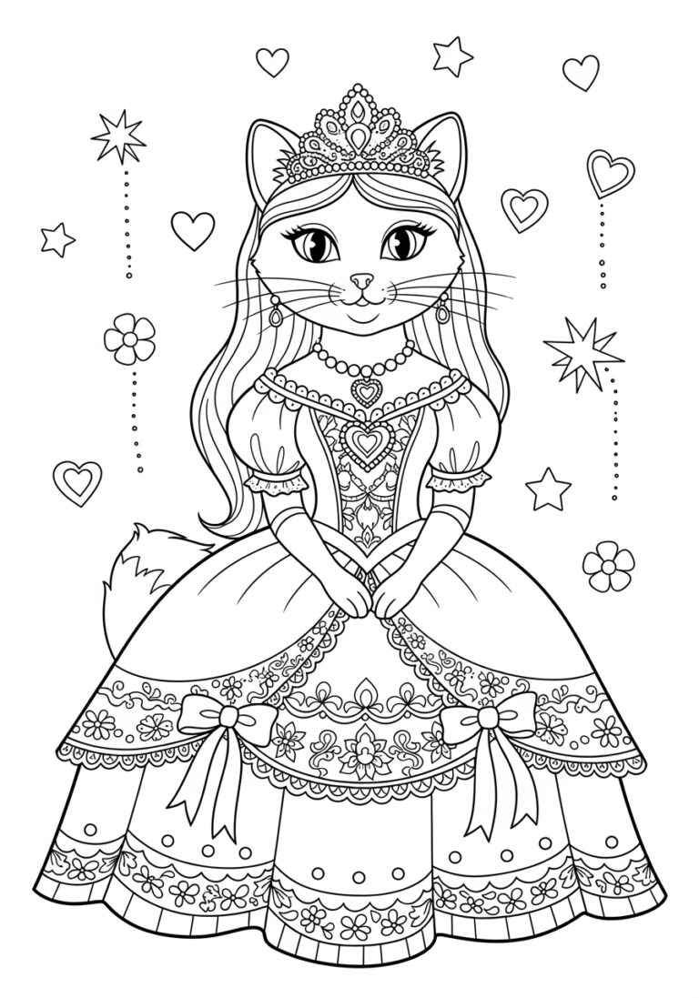 Princess Cat Coloring Page to Print Out and Color