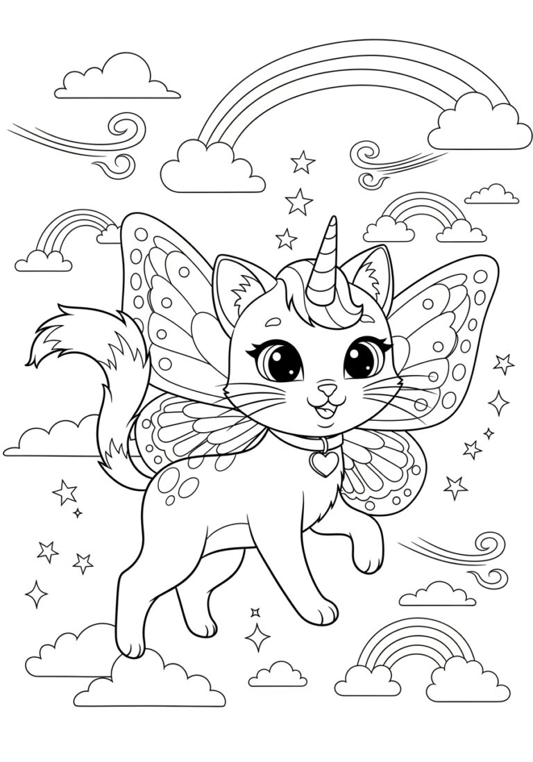 Rainbow Butterfly Unicorn Kitty Coloring Page to Print Out and Color