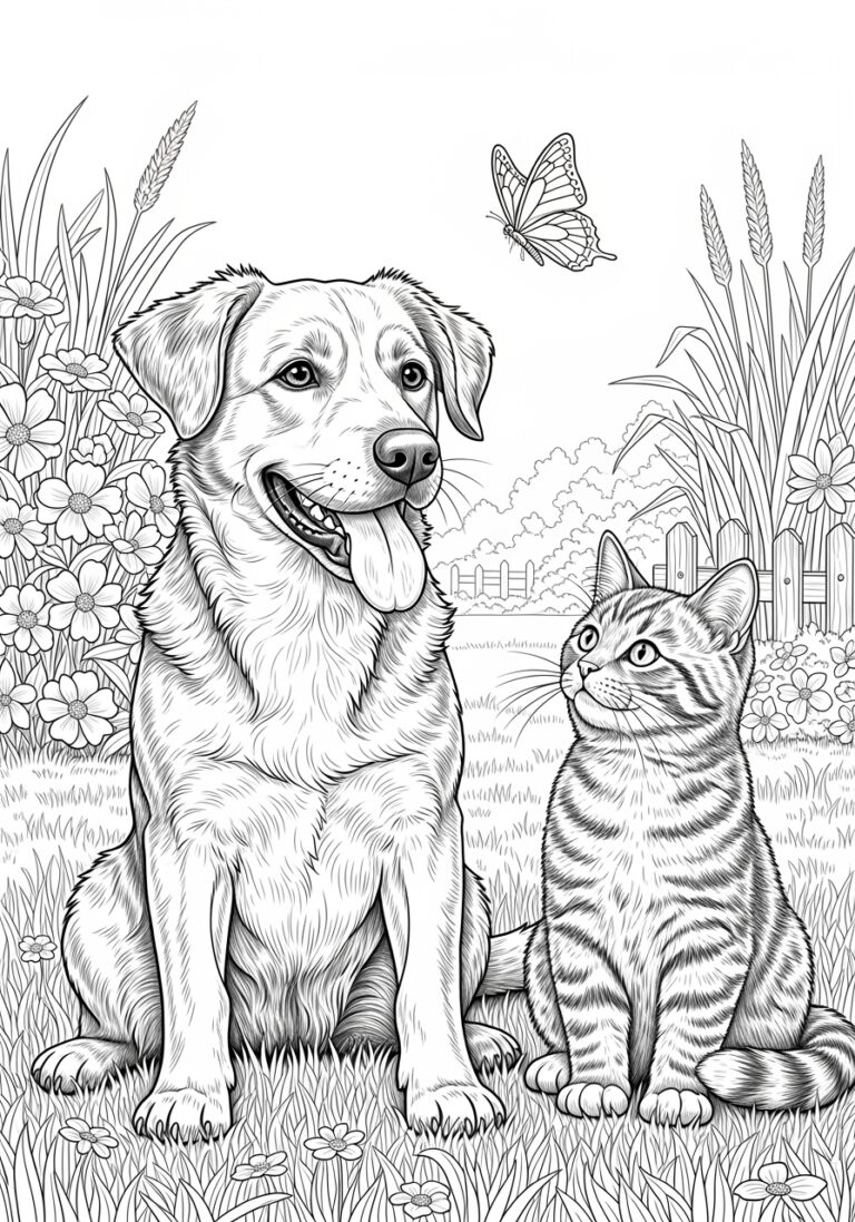 Realistic Dog and Cat Coloring Page
