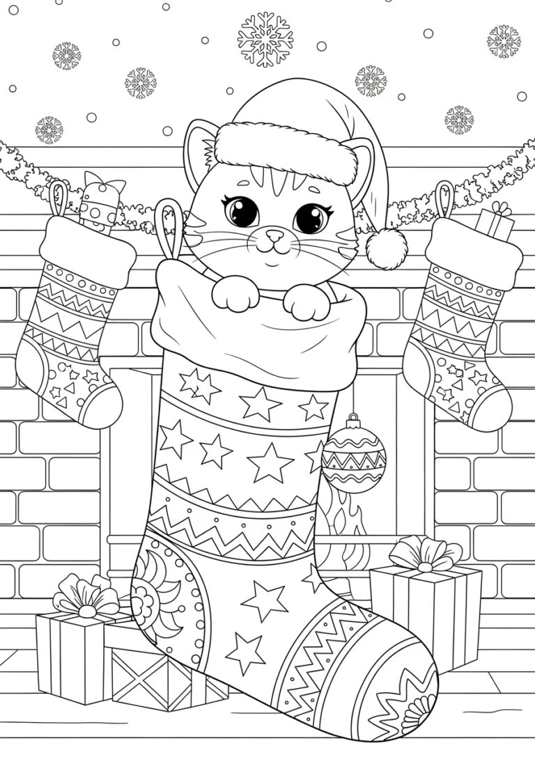 Santa Cat Coloring Page