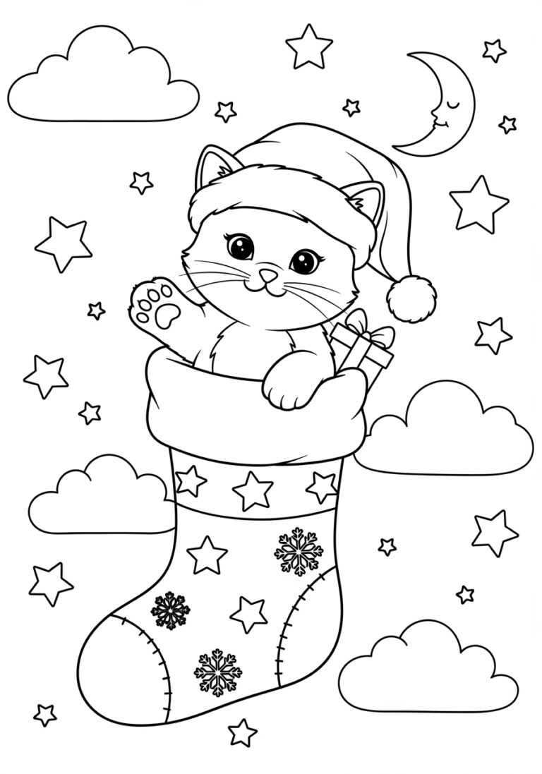 Santa Kitty Coloring Page