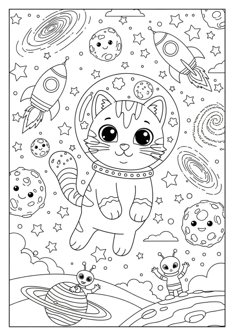 Space Cat Coloring Page to Print Out and Color