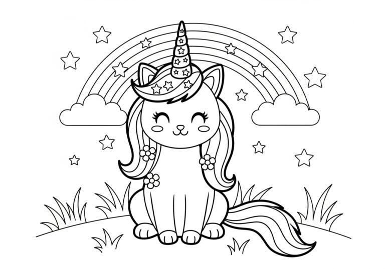 Unicorn Cat Colouring In Page to Print Out and Color