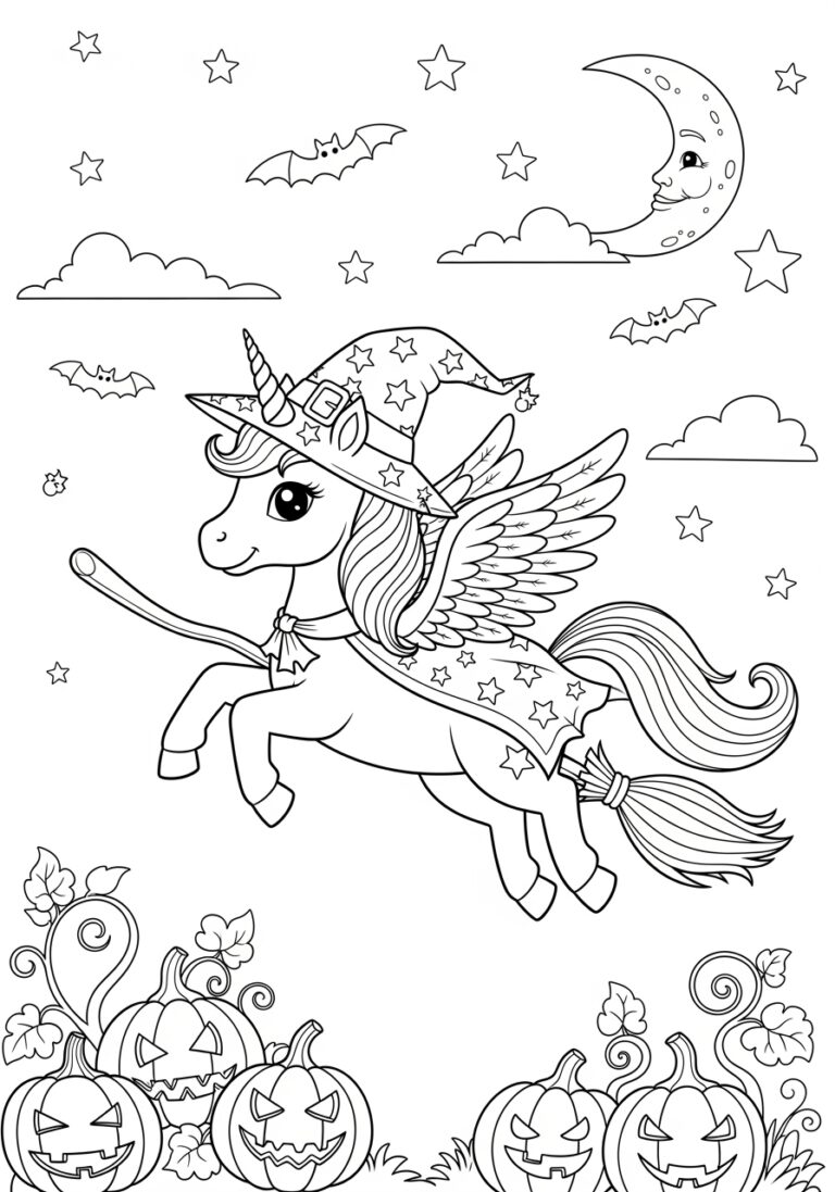 Unicorn Witch Coloring Page to Print Out and Color