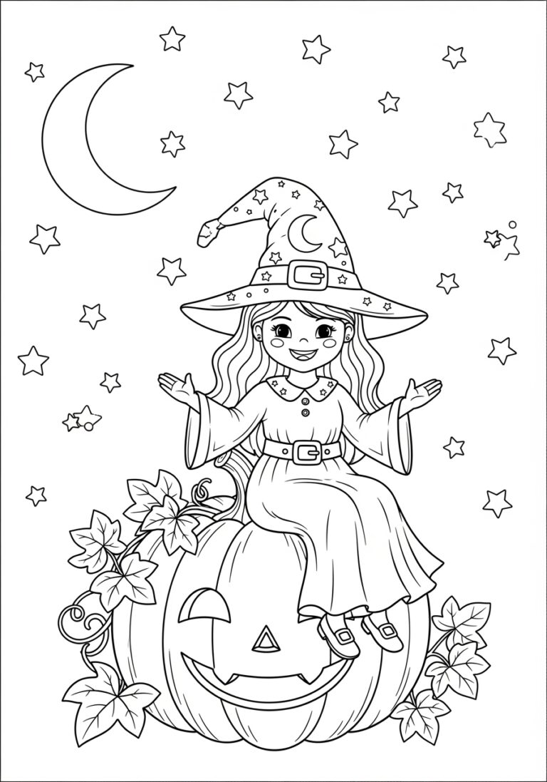 Witch and Pumpkin Coloring Page to Print Out and Color