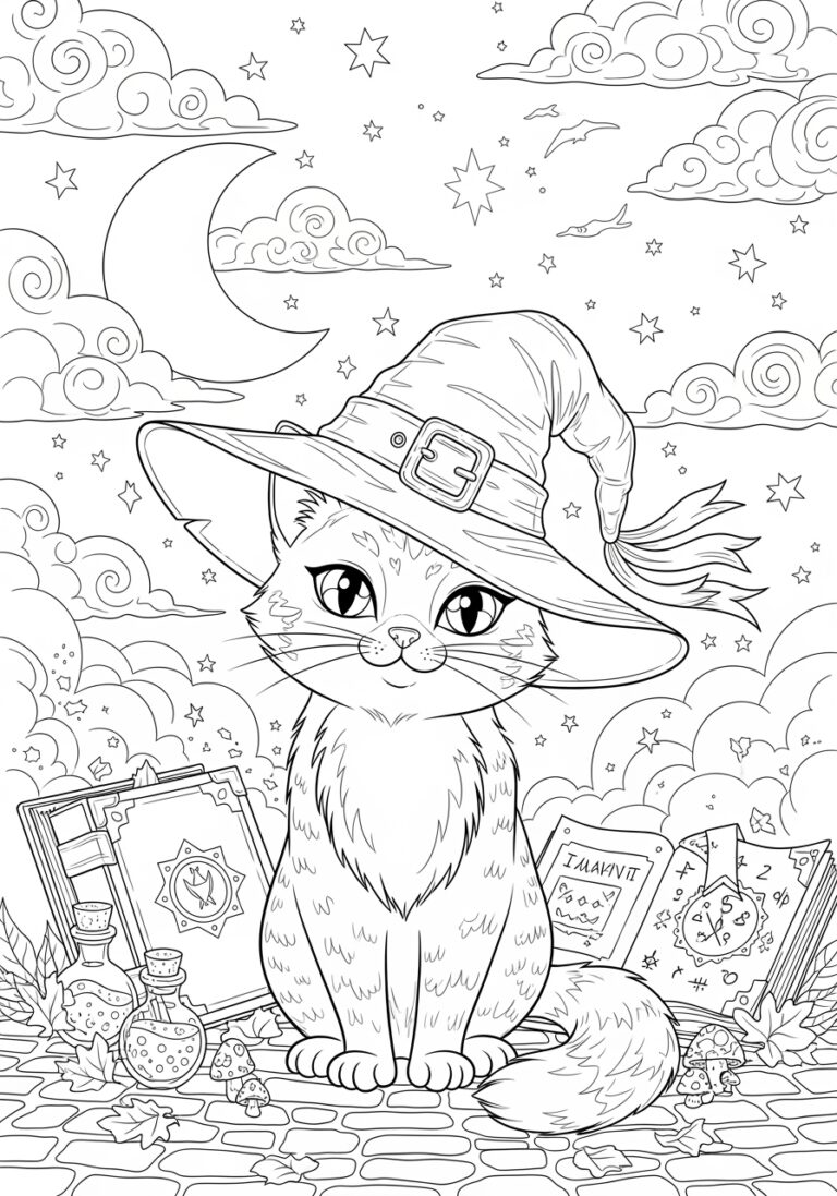Witch Cat Coloring Page to Print Out and Color