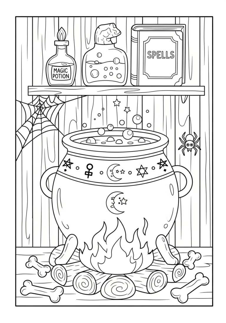 Witch Cauldron Coloring Page to Print Out and Color