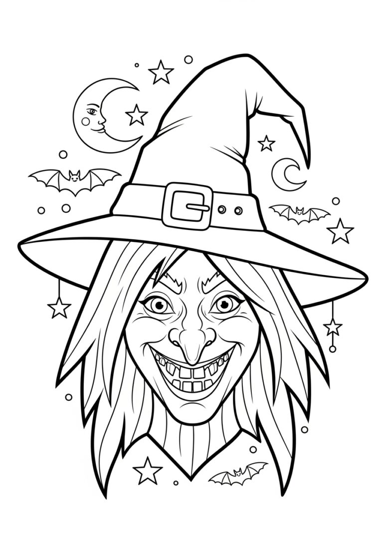 Witch Face Coloring Page to Print Out and Color