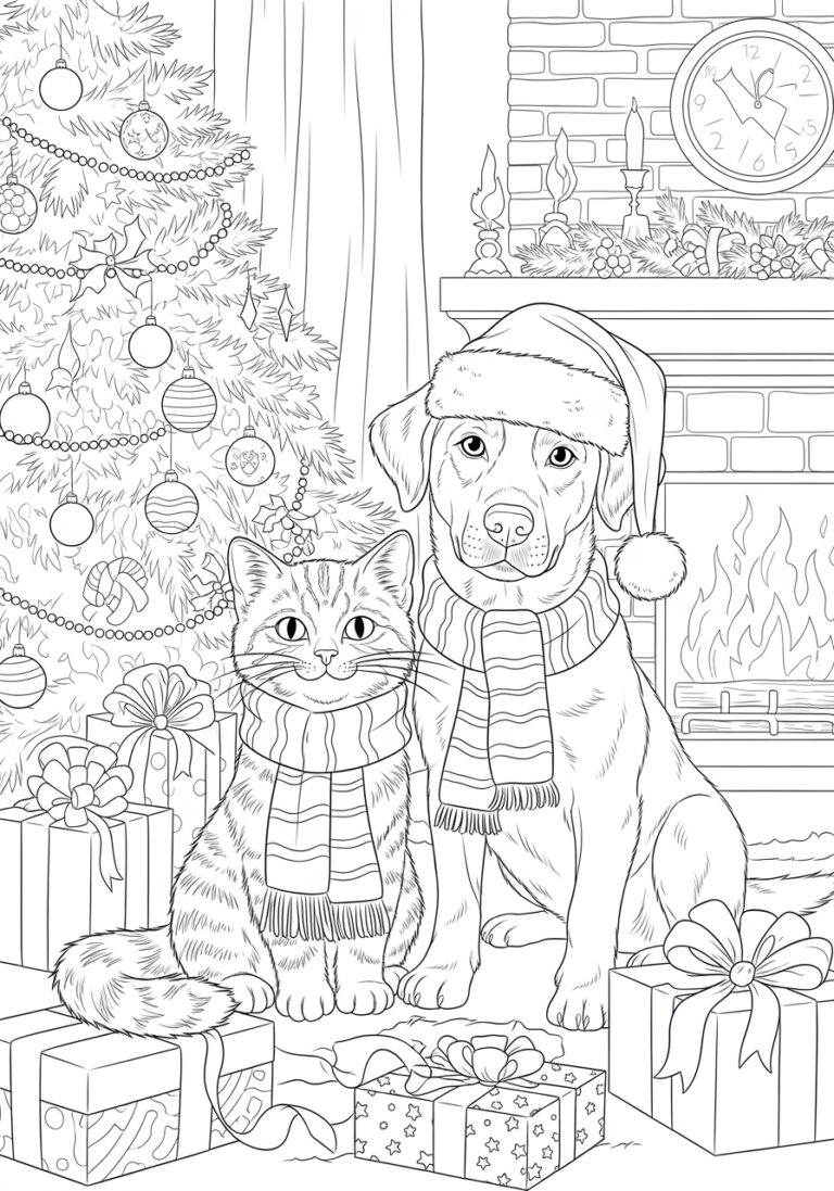 Christmas Cat and Dog Coloring Page Christmas Cat and Dog Coloring Page