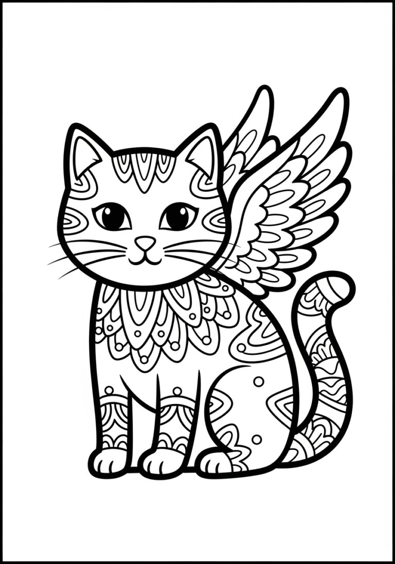 Cat with Wings Coloring Page to Print Out and Color