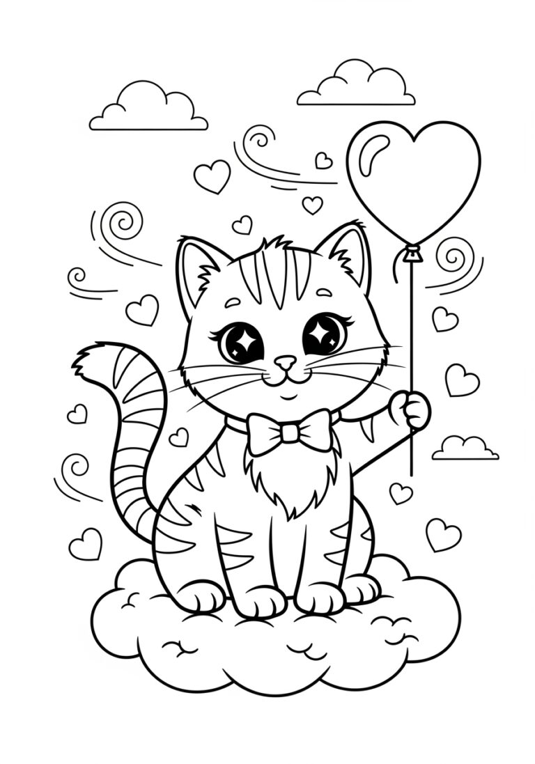 Valentine Kitten Coloring Page to Print Out and Color