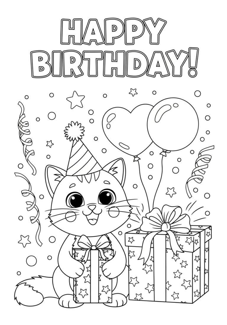 Happy Birthday Cat Coloring Page