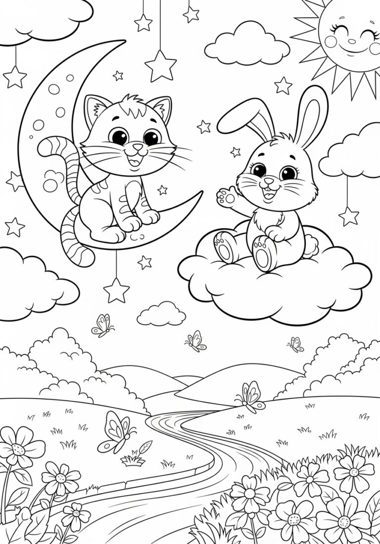 Cat and Bunny Coloring Page to Print Out and Color