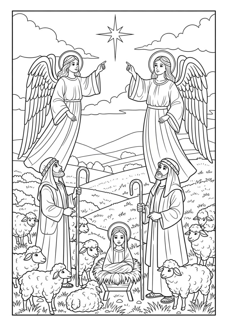 Angels and Shepherds Coloring Page