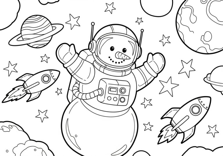 Astronaut Snowman Coloring Page in Space Astronaut Snowman Coloring Page in Space