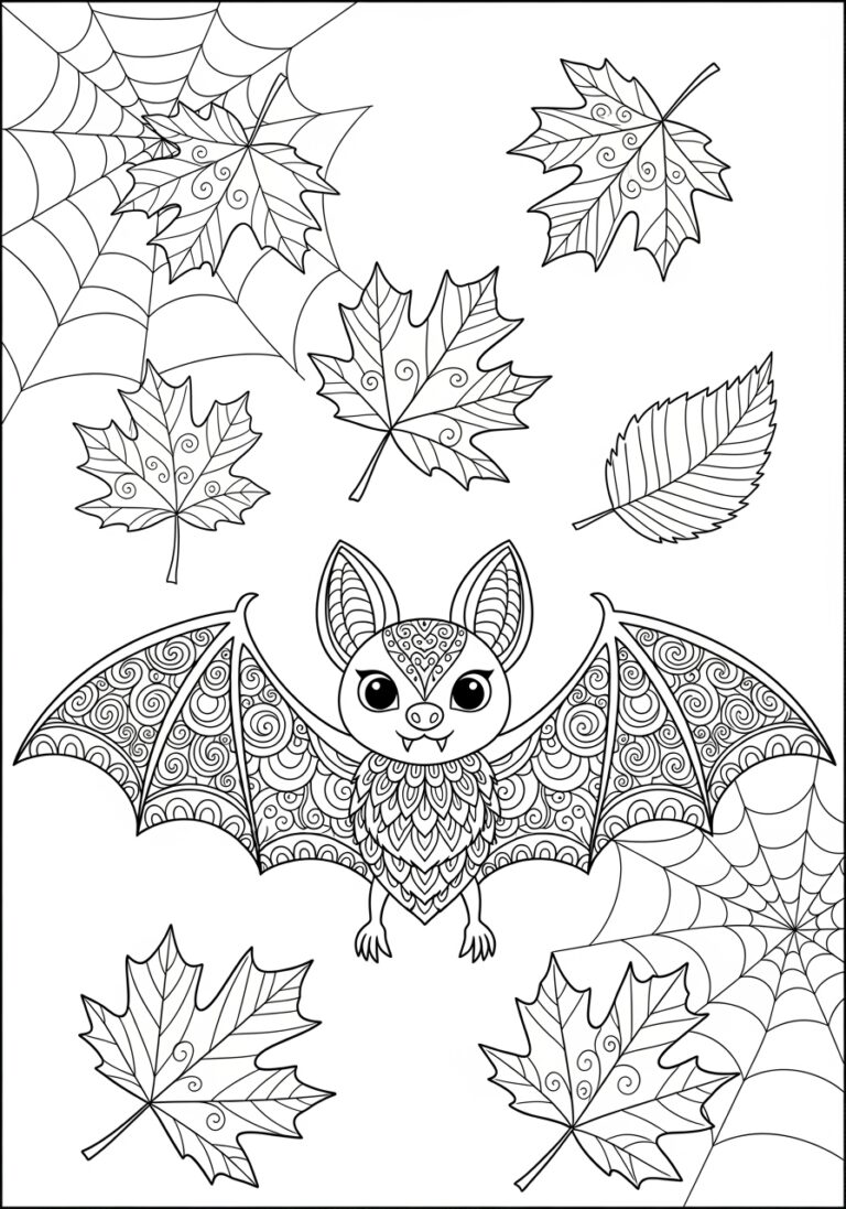 Autumn Leaves Bat Coloring Page