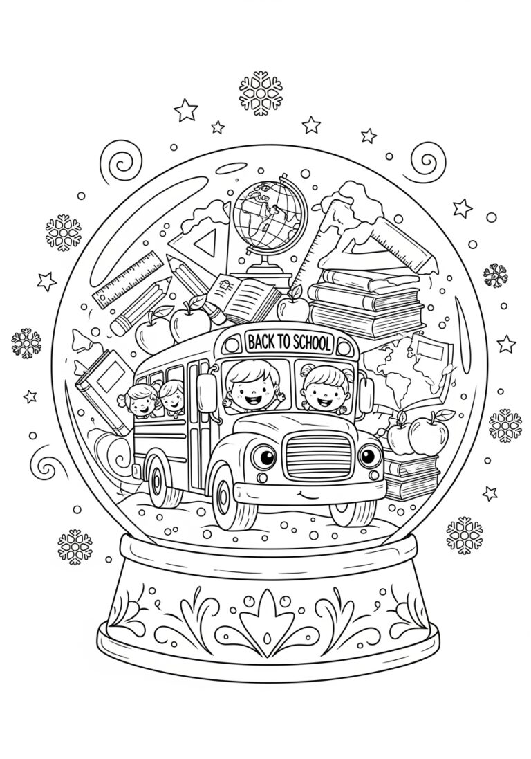 Back to School Bus Snow Globe Coloring Page Back to School Bus Snow Globe Coloring Page