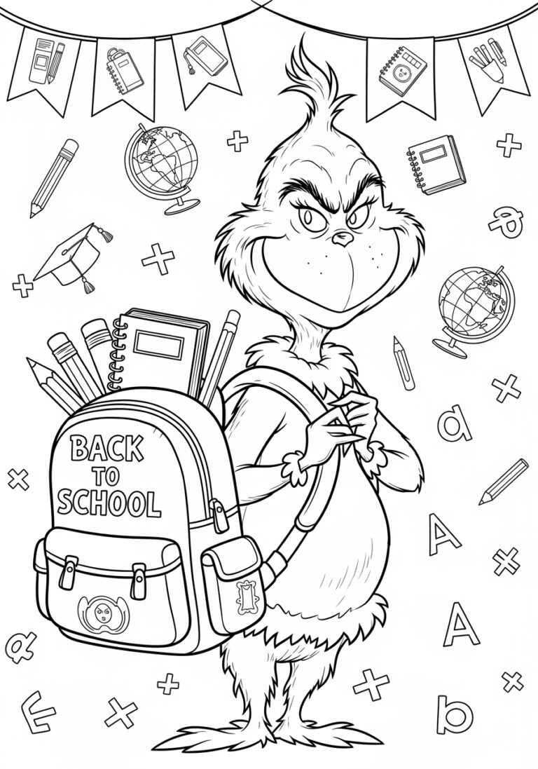 Back to School Grinch with Backpack Coloring Page