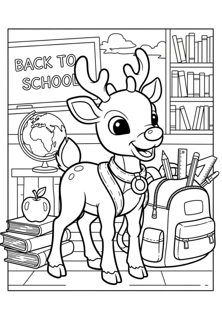 Back to School Rudolph with Backpack Coloring Page