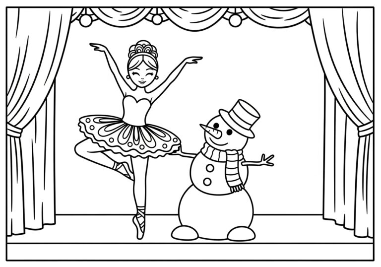 Ballerina Snowman Coloring Page on Stage Ballerina Snowman Coloring Page on Stage