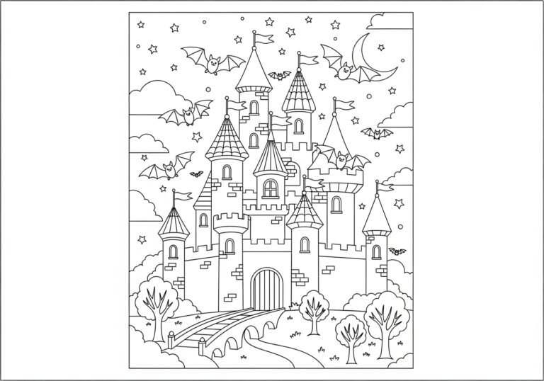Bat around Castle Tower Coloring Page