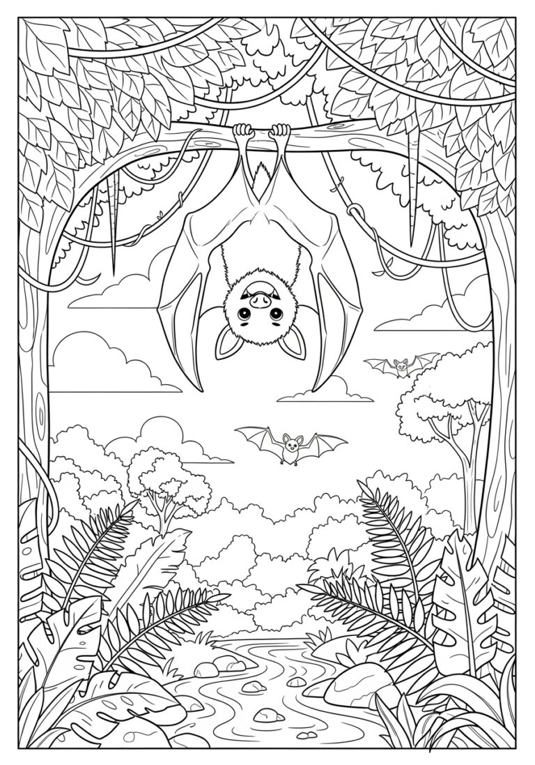 Bat in a Rainforest Canopy Coloring Page Bat in a Rainforest Canopy Coloring Page