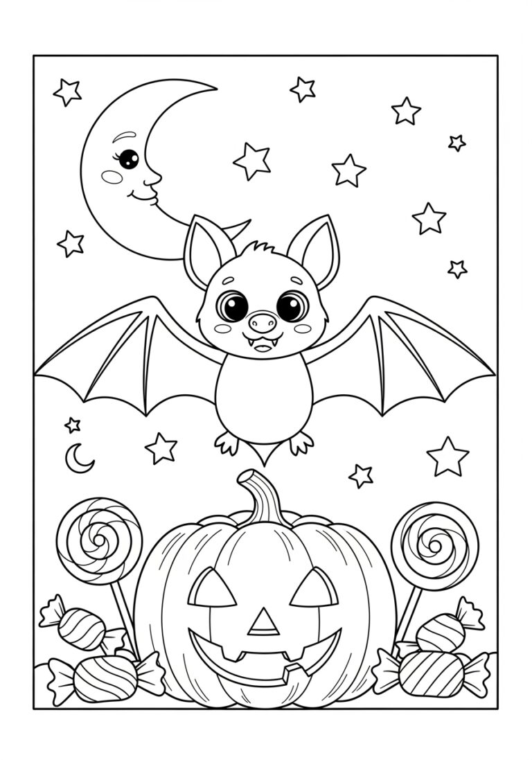 Bat with Jack-o-Lantern Candy Coloring Page to Print Out and Color