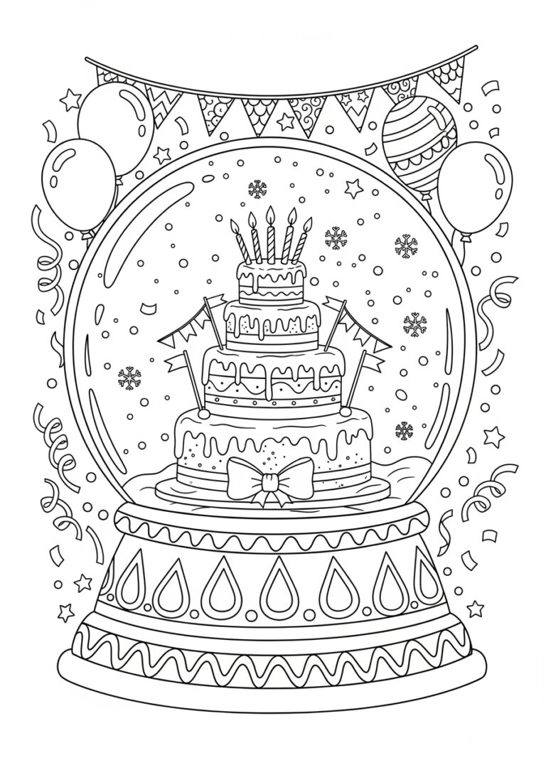 Birthday Cake Snow Globe Coloring Page
