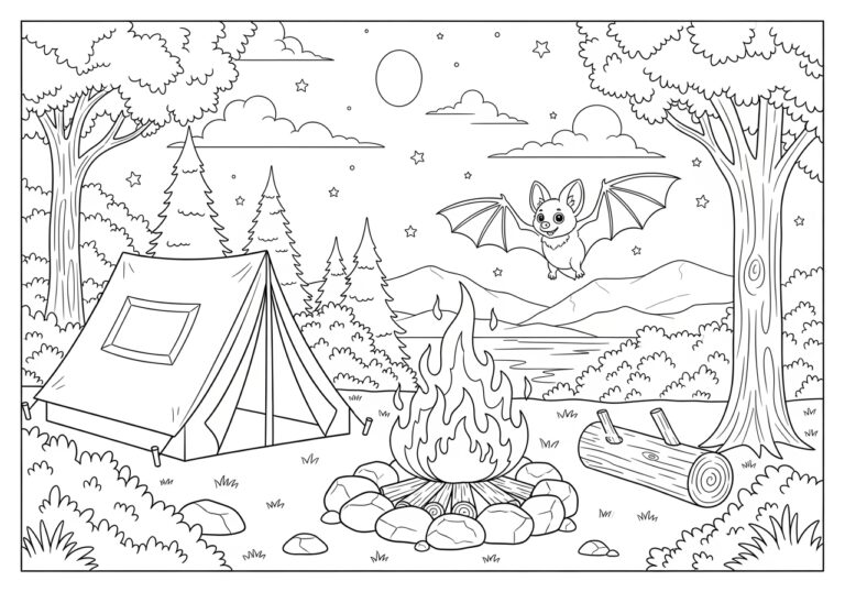 Camping Night Bat by a Campfire Coloring Page