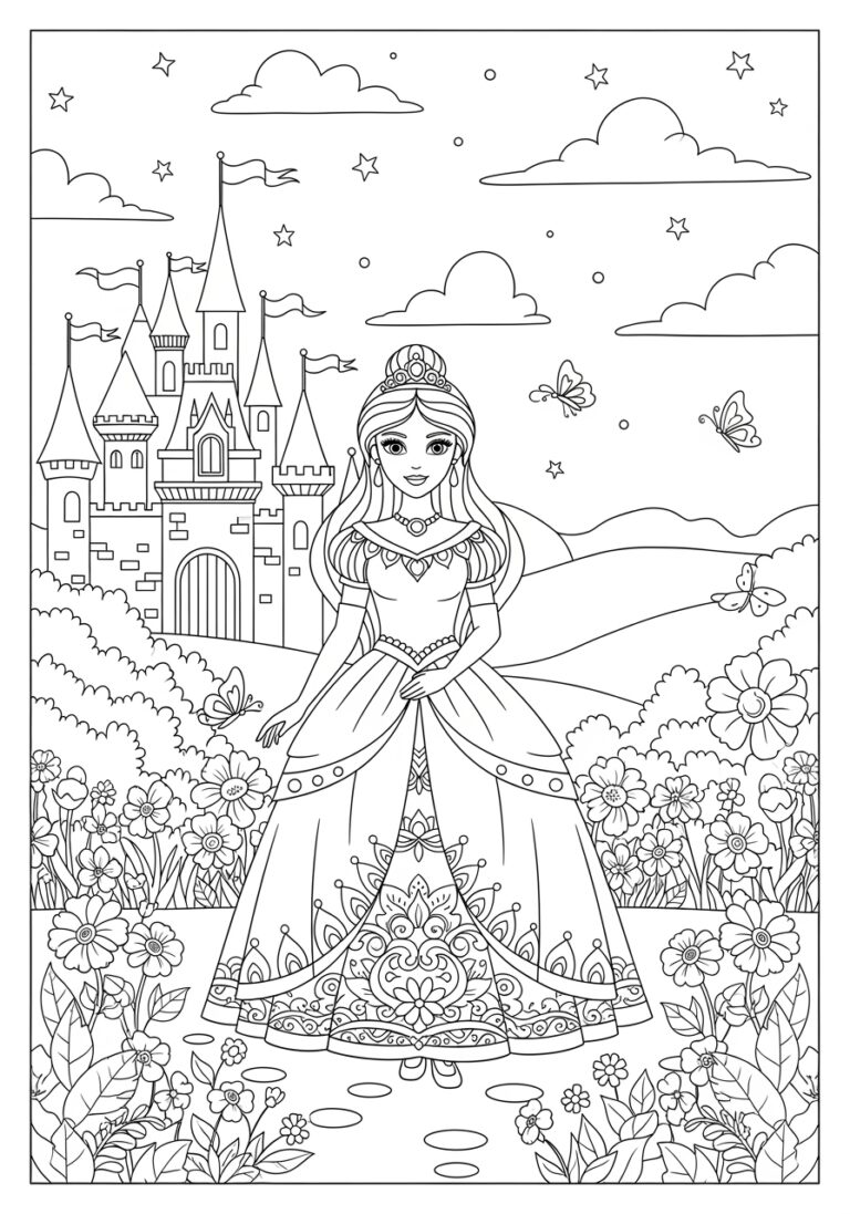 Castle and Princess Coloring Page Castle and Princess Coloring Page