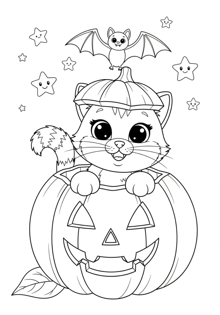 Cat and Pumpkin Coloring Page