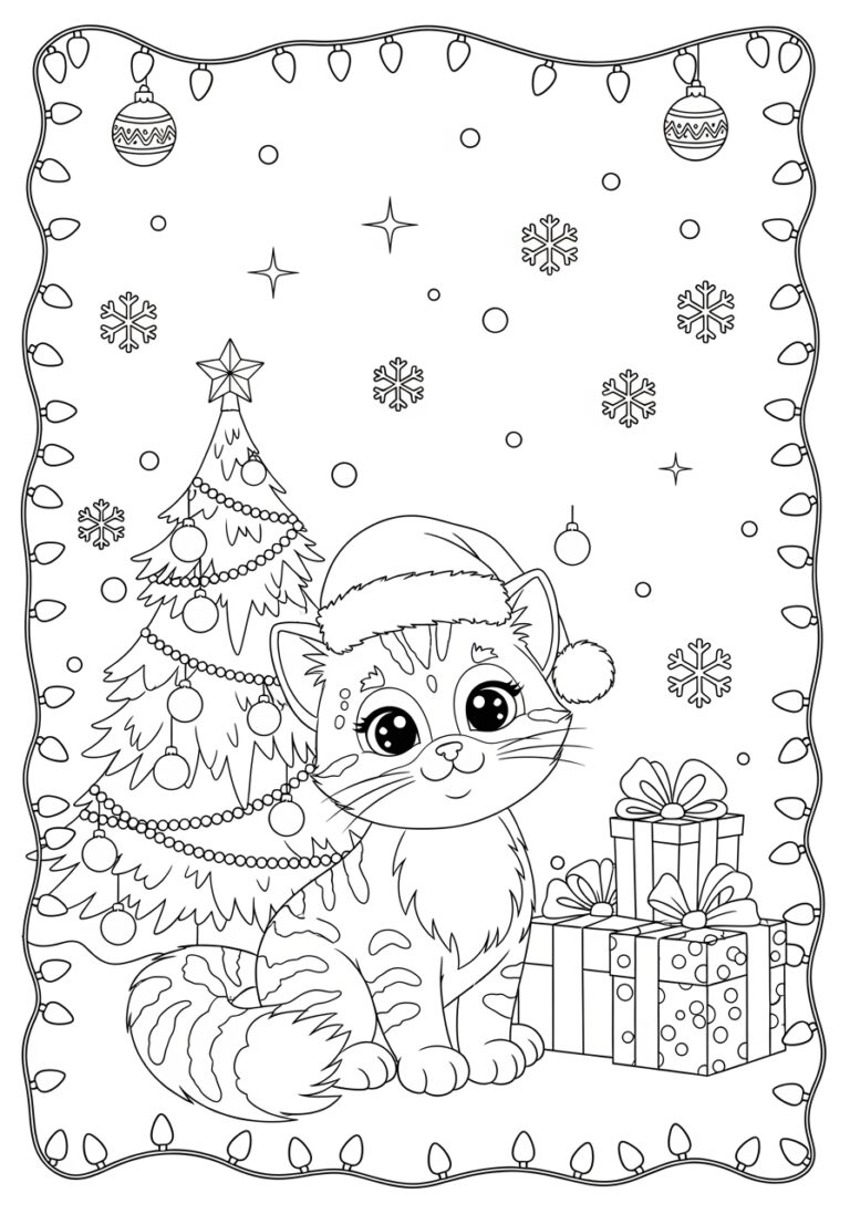 Christmas Kitten Coloring Page