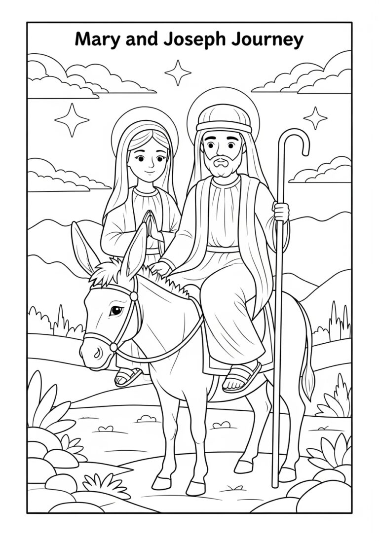 Coloring Page of Mary and Joseph on a Donkey
