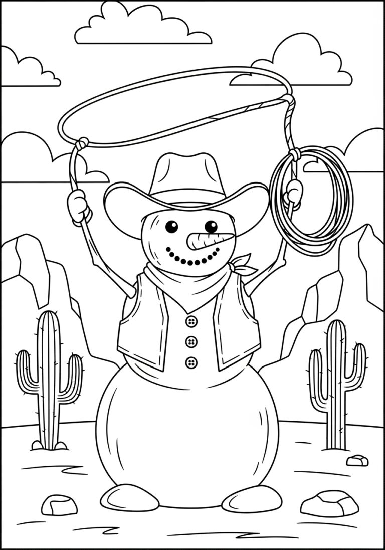 Cowboy Snowman Coloring Page with Lasso