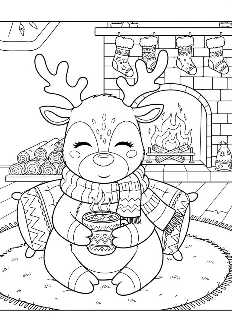 Cozy Reindeer with Hot Cocoa Coloring Page