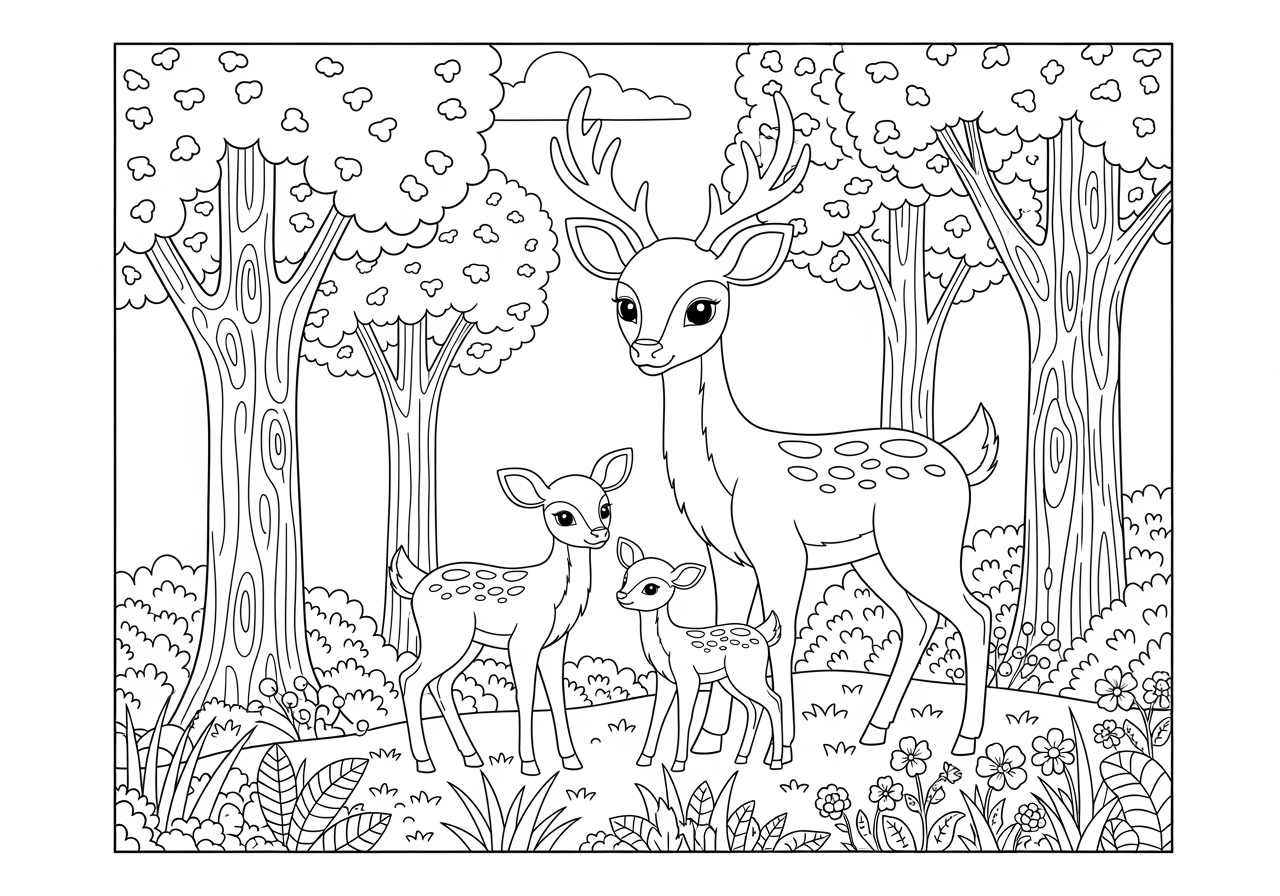 Deer Family Coloring Page Printable Forest Scene Deer Family Coloring Page Printable Forest Scene