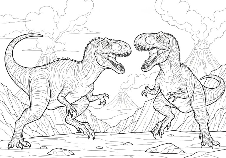 Dinosaur Fighting Coloring Page to Print Out and Color