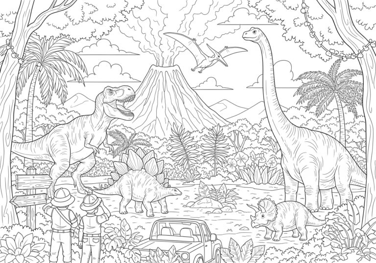 Dinosaur Land Coloring Page to Print and Color Dinosaur Land Coloring Page to Print and Color