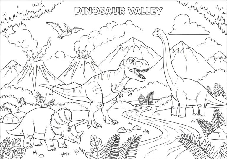 Dinosaur Scene Coloring Page to Print and Color
