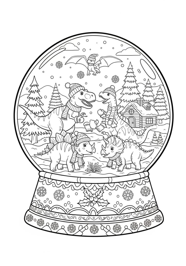 Dinosaur Winter Adventure Snow Globe Coloring Page