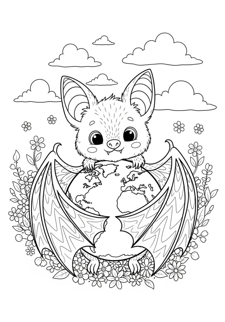 Earth Day Bat with Planet Earth Coloring Page