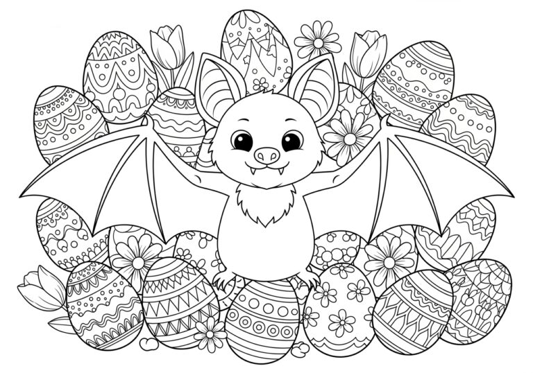 Easter Bat with Decorated Eggs Coloring Page