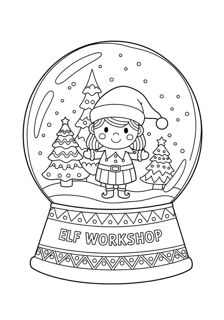 Elf Workshop Snow Globe Coloring Page