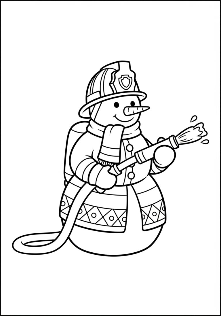 Firefighter Snowman Coloring Page with Hose