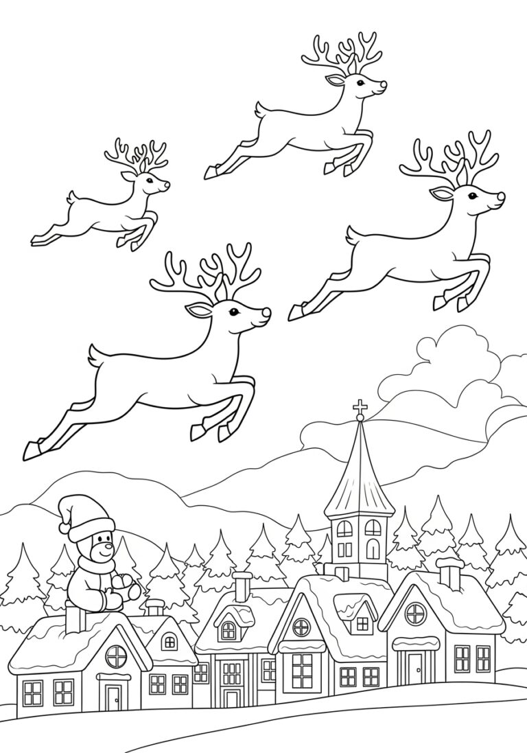 Flying Reindeer Over Winter Village Coloring Page