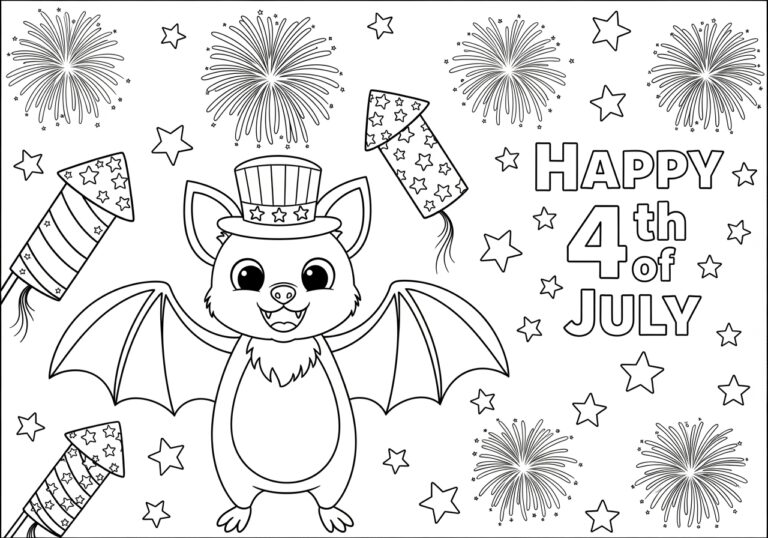 Fourth of July Bat with Fireworks Coloring Page Fourth of July Bat with Fireworks Coloring Page