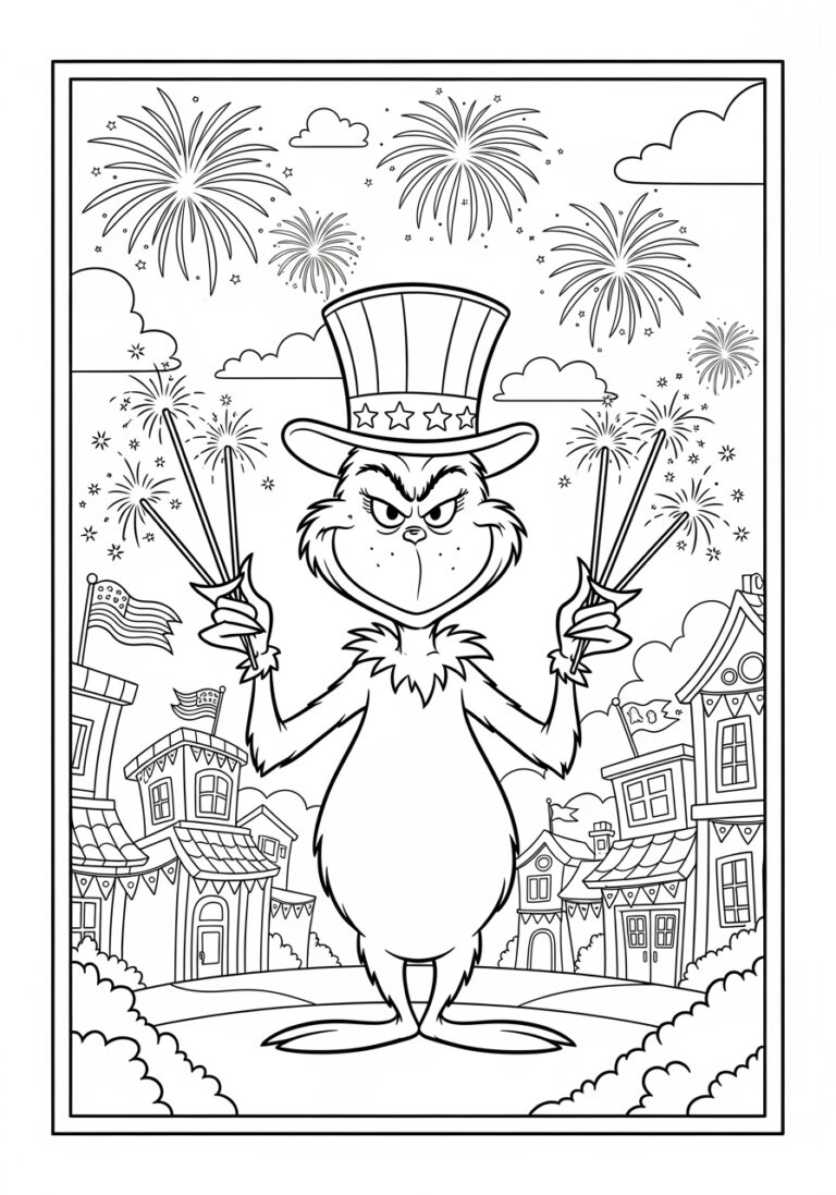 Fourth of July Grinch with Sparkler Coloring Page Fourth of July Grinch with Sparkler Coloring Page