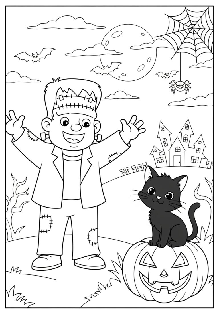 Frankenstein and Black Cat Coloring Page Frankenstein and Black Cat Coloring Page