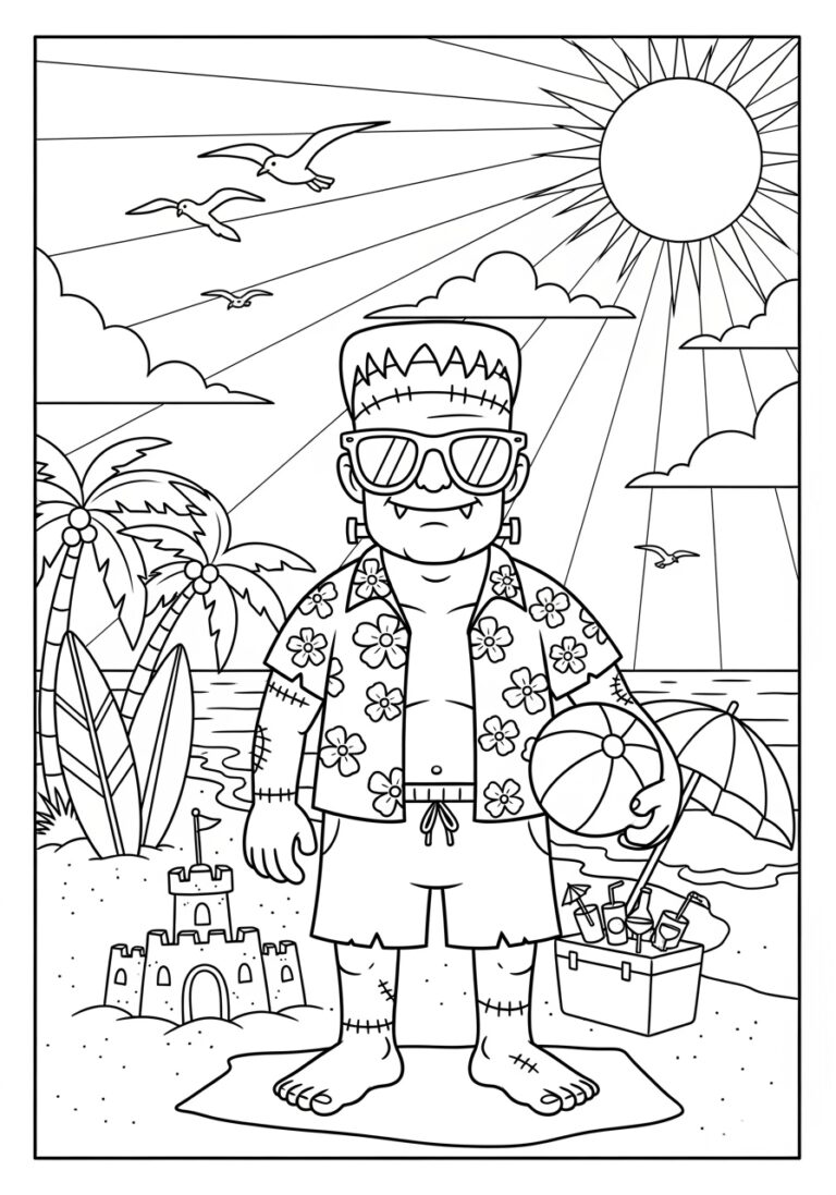 Frankenstein at the Beach Coloring Page