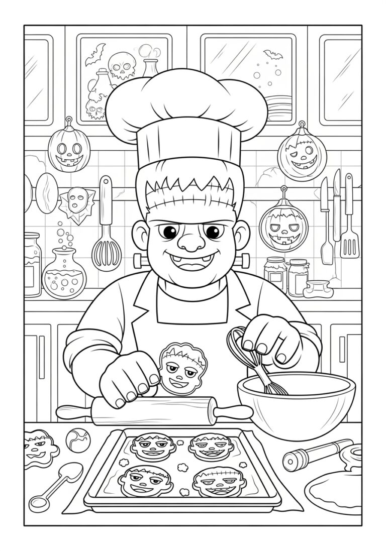 Frankenstein Baking Cookies Coloring Page